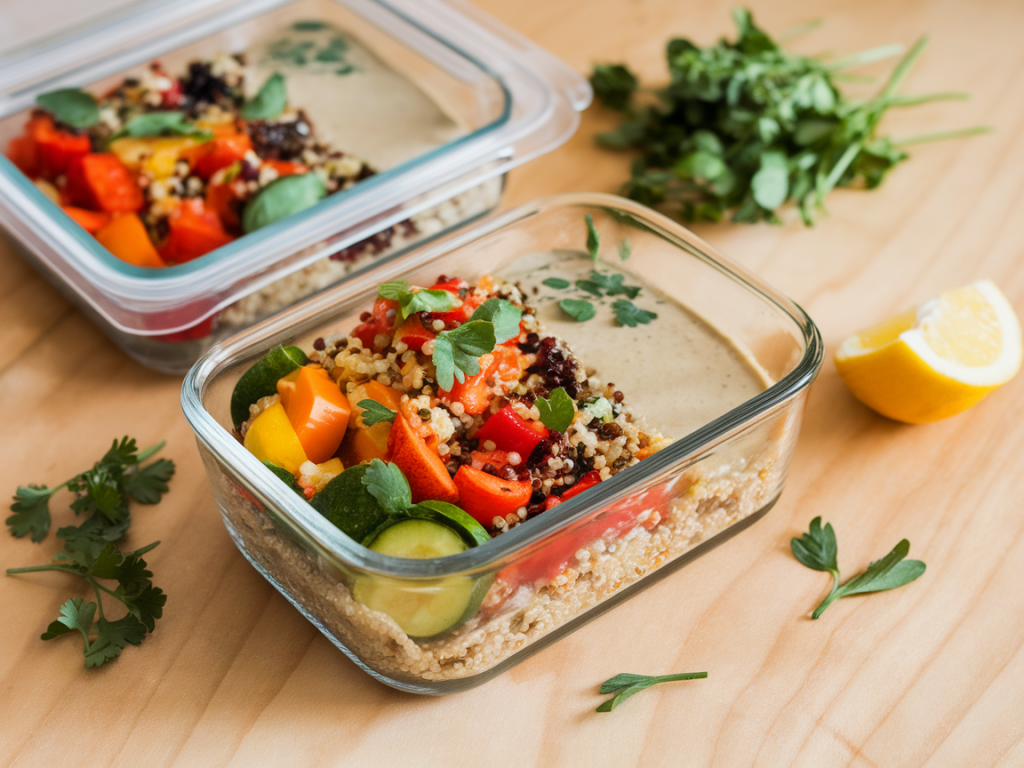 Wie du in 20 minuten ein herzhaftes veganes glaslunch mit quinoa und tahin vorbereitest, das drei tage hält